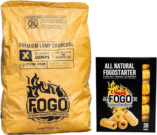 FOGO Premium Hardwood Lump Charcoal, Natural Large Sized Lump Charcoal, 17.6 Pound Bag and FOGO Fogostarters Natural Fire Starters, 30 Count Box, Bundle