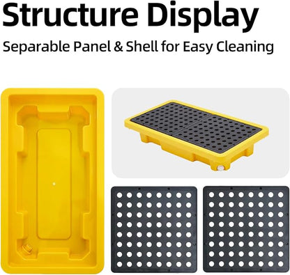 2 Pcs Spill Containment Pallet, 2-Drum Plastic Platform with Drain Outlet, 2000Lbs Load 26”x14”x4.7”, Leakproof Stackable Tray for Garage/Kitchen/Basement/Industrial Storage