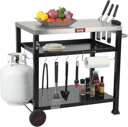 Feasto 3-Shelf Pizza Oven Table 33.5" x 21.7" Stainless Top, Rolling Outdoor Grill Cart with Waterproof Cover for Pizza Ovens & Griddles, Heavy-Duty BBQ Prep Station for Patio & Deck, Black