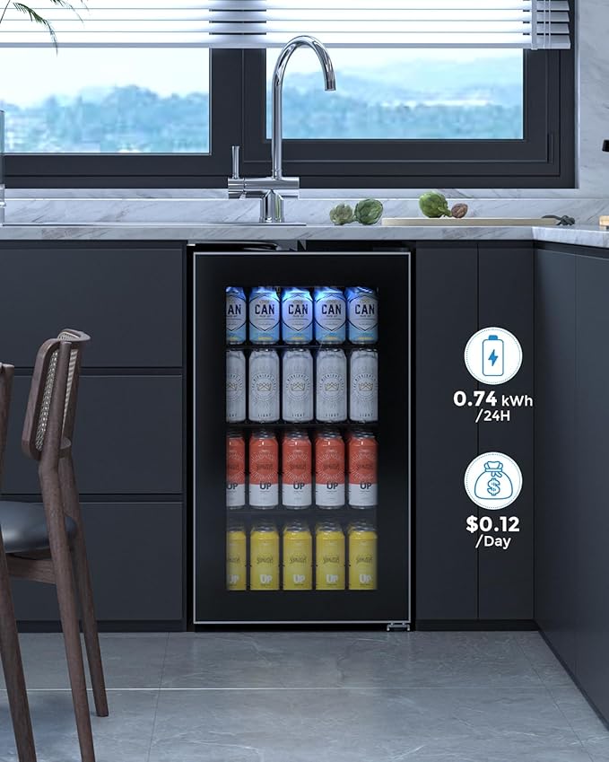 COWSAR Mini Fridge Cooler, 130 Can Beverage Refrigerator with Glass Door, ETL Approved Wine Fridge with Digital Temperature Control, LED Light, Reversible Door for Home, Office, Bar - 3.2 Cu.Ft