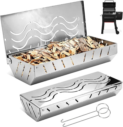2PCS Stainless Steel Smoker Box for Weber, Gas Grill Smoker Box with 2 Hooks, Wood Chip Box for Pellet Grill, Durable BBQ Smoking Accessory for Outdoor Cooking,Grilling Gifts for Men