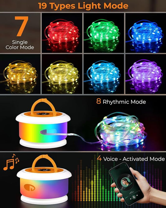 Camping String Lights, Retractable 32.8FT Rechargeable Fairy Light | Quick Storage RGB Flash Lamp Outdoor Waterproof, Portable Hanging Lantern for Outside Tent Patio Awning Garden RV Essentials