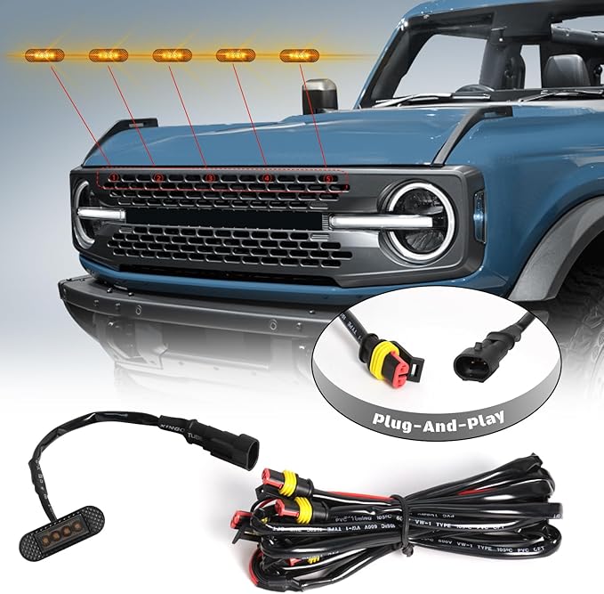 5 Pcs Grille Lights Compatible with 2021 2022 2023 2024 Ford Bronco Badlands, Wildtrak & Everglades 2/4-Door - LED Front Grille Lights Accessories with Harness and Fuse(Amber Light)