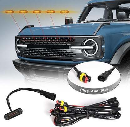 5 Pcs Grille Lights Compatible with 2021 2022 2023 2024 Ford Bronco Badlands, Wildtrak & Everglades 2/4-Door - LED Front Grille Lights Accessories with Harness and Fuse(Amber Light)