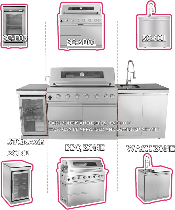 96" 6-Burner 85000 BTU Deluxe Outdoor Kitchen Island,304 Stainless Steel Modular LPG BBQ Grill Combination With Granite Countertops, Storage Cabinet, Refrigerator and Sink (96"-Silver, Propane Gas)