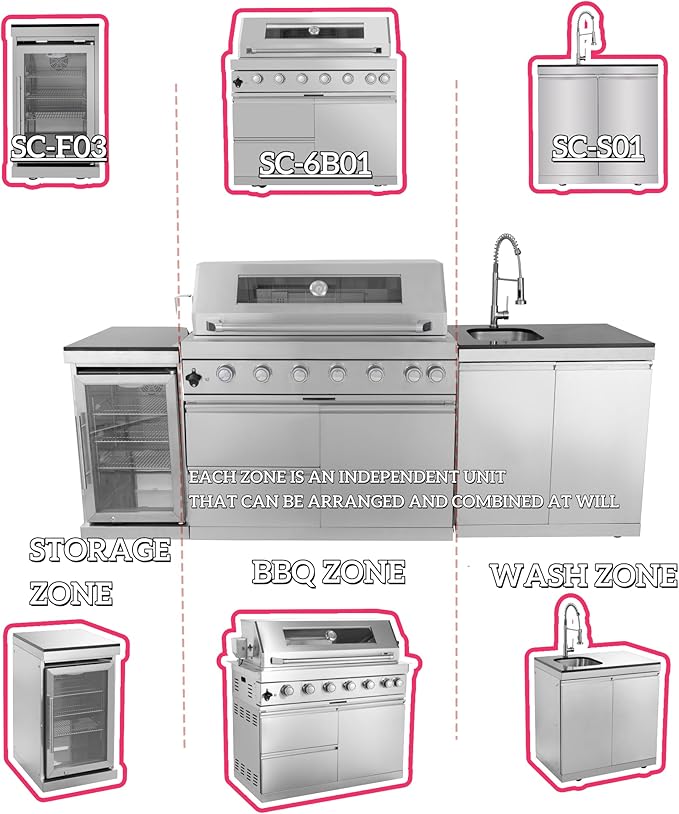 96-Inch 6-Burner Propane Gas Outdoor Grill Island, 85000 BTU Stainless Steel BBQ with Refrigerator, Sink, Granite Countertops, For Backyard BBQ, Silver