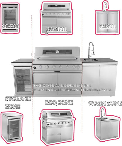 96-Inch 6-Burner Propane Gas Outdoor Grill Island, 85000 BTU Stainless Steel BBQ with Refrigerator, Sink, Granite Countertops, For Backyard BBQ, Silver