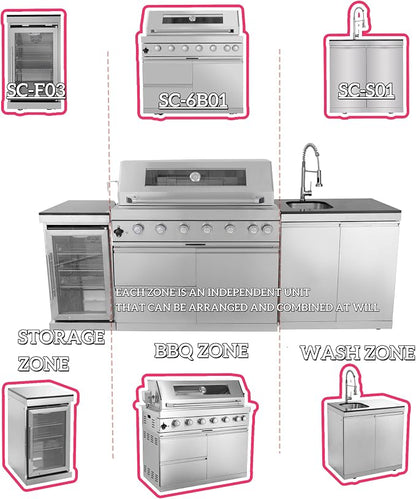 95'' 6-Burner 85000 BTU Deluxe Stainless Steel Natural Gas Outdoor Kitchen Island with Grill, Wine Cooler, Rotisserie Kit, Granite Countertops, Stainless Steel Sink, For Patio, Lawn, Backyard, Silver