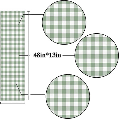Sage Green Gingham Party Table Runner Green and White Checkered Plaid Decorations for Birthday Bridal Baby Shower Home Dining Kitchen Island Decor (13" x 48")