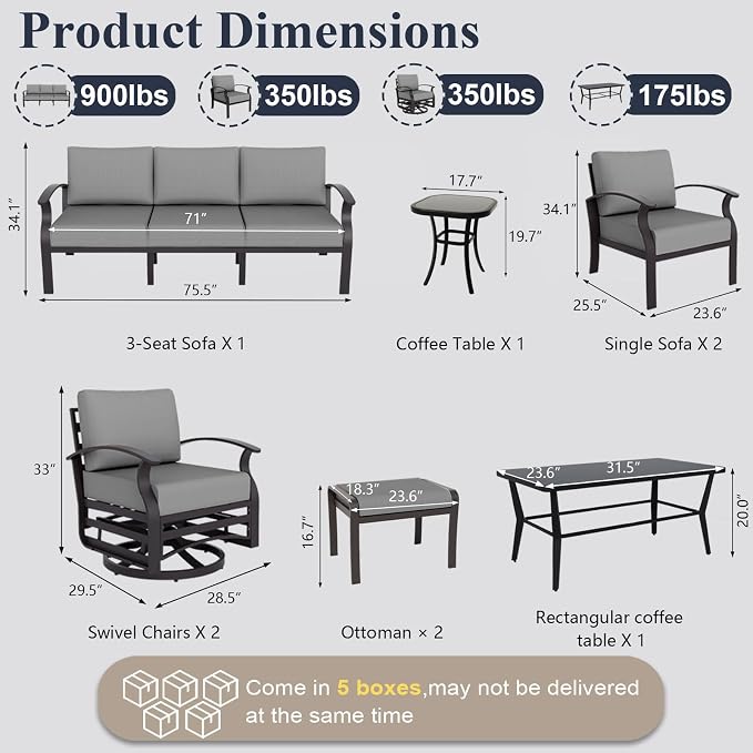 ALAULM Aluminum Patio Furniture Set with Coffee Table Rectangular, 9-seat Outdoor Sectional Furniture w/Swivel Chairs and 2 Ottomans, Patio Conversation Set for Porch, Backyard, Poolside-Grey
