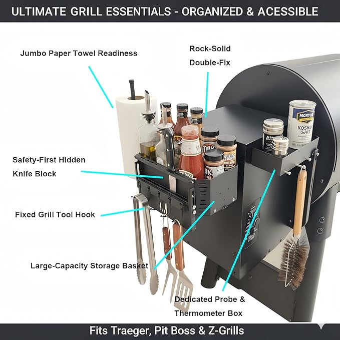 Magnetic Grill Storage Bin for Traeger Ironwood & Pro, Double-Fix Smoker Organizer with Large Paper Towel Rack, Probe Box & Hooks, Black, Heavy Duty BBQ Accessories for Pit Boss