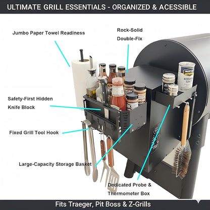 Magnetic Grill Storage Bin for Traeger Ironwood & Pro, Double-Fix Smoker Organizer with Large Paper Towel Rack, Probe Box & Hooks, Black, Heavy Duty BBQ Accessories for Pit Boss