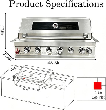 6 Burner Built In Gas Grill Island Head, Stainless Steel 39 Inch Propane Grill with Rear Burner, 72,000 BTUs, 684 SQ In Racks with Dual Fuel Compatibility