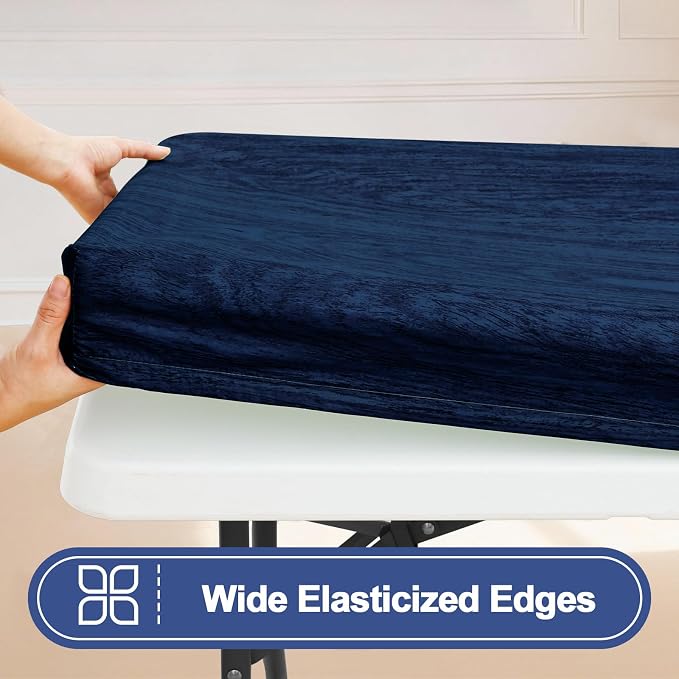 Smiry 2 Pack Rectangle Table Cloth 4 Foot, Waterproof Elastic Fitted Tablecloths, Windproof Washable Polyester Table Cover for Picnic, Camping, Outdoor (Navy & Black, 30"x48")