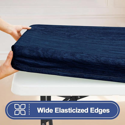 Smiry 2 Pack Rectangle Table Cloth 4 Foot, Waterproof Elastic Fitted Tablecloths, Windproof Washable Polyester Table Cover for Picnic, Camping, Outdoor (Navy & Black, 24"x48")