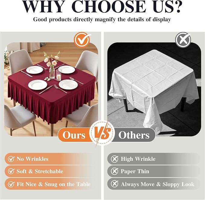 PARTISKY Burgundy Square Spandex Tablecloths 54x54 Inch, Wrinkle Free 2 Pack Fitted Square Table Cloth Stretch Card Table Cover for Kitchen Dinner, Holiday Party, Wedding Banquet, Display Trade Show