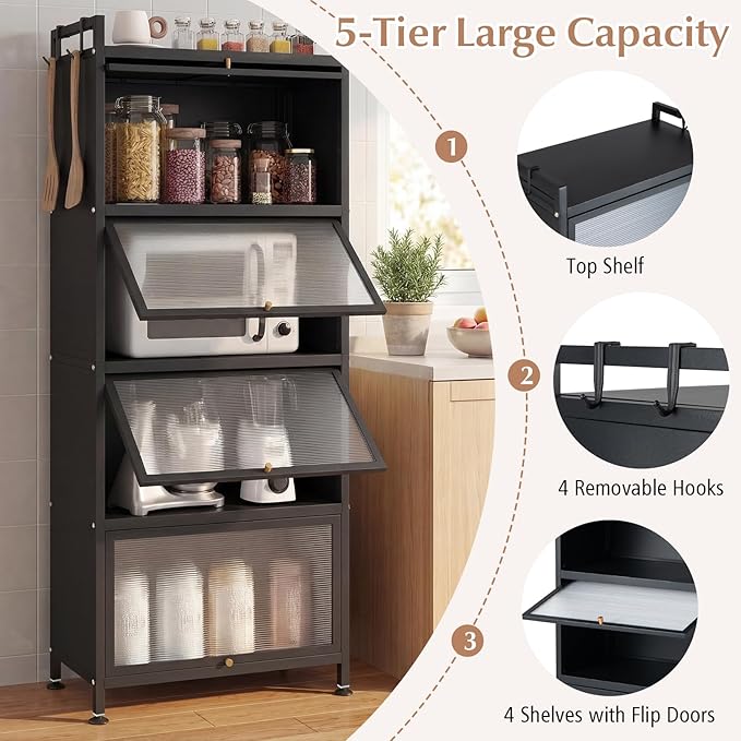 Giantex 5-Tier Kitchen Storage Cabinet, Mobile Microwave Stand with Flip-up PC Doors, Freestanding Kitchen Bakers Rack with 4 Rolling Casters, for Dining Room, Living Room and Study, Black