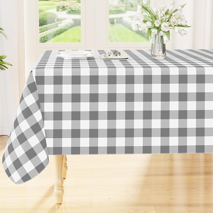 Smiry Picnic Table Cloth, Vinyl Tablecloths with Flannel Backing, 60"x102" | Waterproof Rectangle Table Cloth, Wipeable Buffalo Plaid Table Cover for Indoor and Outdoor (Grey & White)