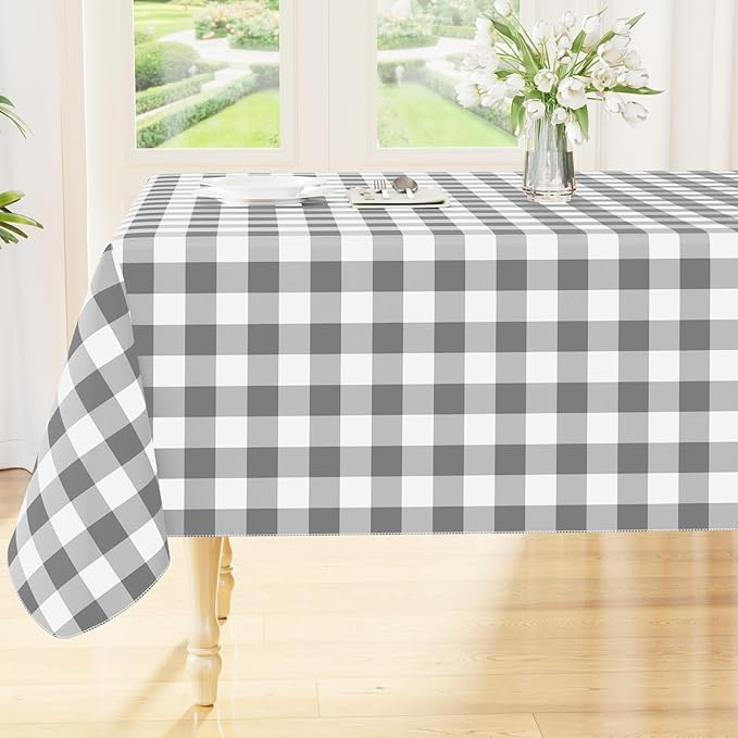 Smiry Picnic Table Cloth, Vinyl Tablecloths with Flannel Backing, 60"x60" | Waterproof Square Table Cloth, Wipeable Buffalo Plaid Table Cover for Indoor and Outdoor (Grey & White)