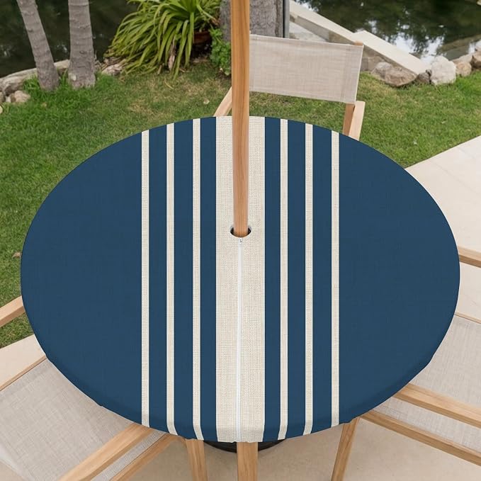 Outdoor Fitted Tablecloth with Umbrella Hole and Zipper, Navy Blue Beige Striped Elastic Round Patio Table Cover, Farmhouse Retro Lines Modern Table Protector for Backyard BBQ Party 31''-35''