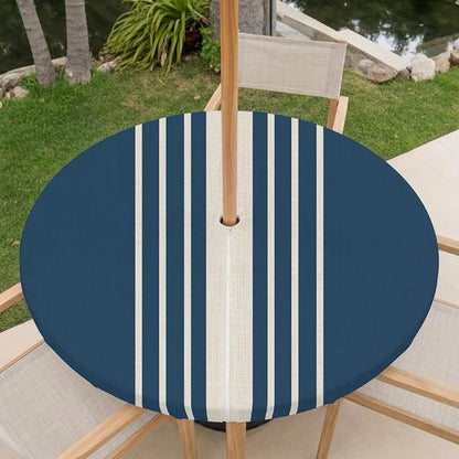Outdoor Fitted Tablecloth with Umbrella Hole and Zipper, Navy Blue Beige Striped Elastic Round Patio Table Cover, Farmhouse Retro Lines Modern Table Protector for Backyard BBQ Party 31''-35''