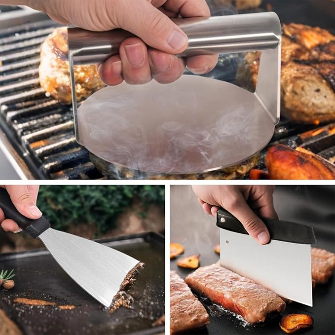 Stainless Steel Griddle Accessories Kit, Amafox 5-Piece Grill Spatula Set with Full Tang Handle- Flat BBQ Grill Griddle Accessories- Spatula Pancake Flipper Hamburger Turner