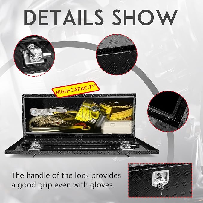 48 * 18 * 18 Aluminum Heavy Duty Diamond Plate ToolBox Chest Box Pick Up Truck Bed RV Trailer Toolbox Storage Organizer with T-Handle Latch Dual Lock Keys - Black