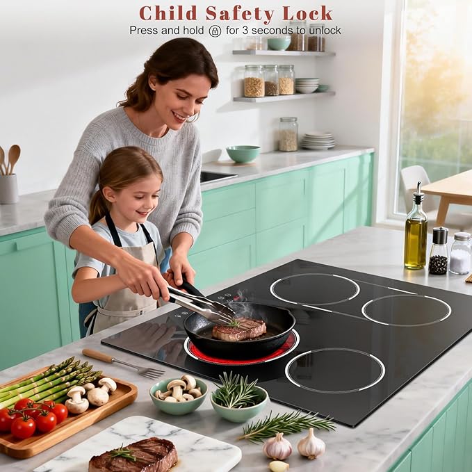 24 Inch Electric Cooktop Built-in, 4 Burner Electric Stove with 6900W Total High Power, 24" Ceramic Cooktop with BBQ Burner, Touch Control, Child Safety Lock, 220V-240V Hard Wire, No Plug
