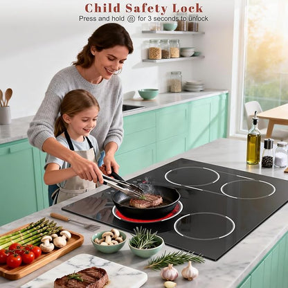 24 Inch Electric Cooktop Built-in, 4 Burner Electric Stove with 6900W Total High Power, 24" Ceramic Cooktop with BBQ Burner, Touch Control, Child Safety Lock, 220V-240V Hard Wire, No Plug