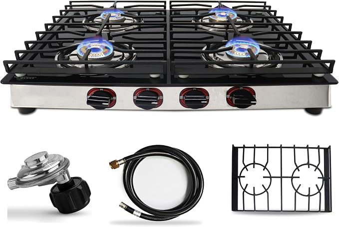 4 Burner Gas Stove Top, 25" Black Tempered Glass Countertop Stove | Stainless Steel 4 Burner Cooktop Burners RV Stove for Cooking Range Gas with Hose & Regulator to Connect Propane Cooktop
