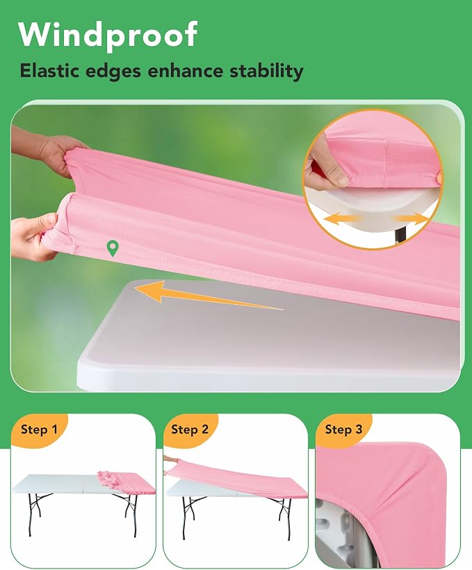 Fitted Tablecloth Rectangle Table Cloths with Elastic, 8 ft, Pink, 6 Pack | For Outdoor Picnic Camping Party 8 foot Folding Spandex Table Covers, Water-Resistant, Windproof, Reusable, 96"L x 30"W