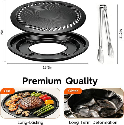 Korean BBQ Grill Pan, Nonstick 13.5" Round Indoor Grill Pan Smokeless Cast Aluminum Includes Food Tongs & Grill Plate Handle, Outdoor Camping Grilling, Picnic Cooking
