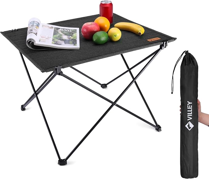 VILLEY Folding Camping Table, Portable Lightweight Table with Carry Bag | Oxford Fabric & Reinforced Aluminum Panel, Stable Tabletop for Camping, Picnic, BBQ & Outdoor Dining