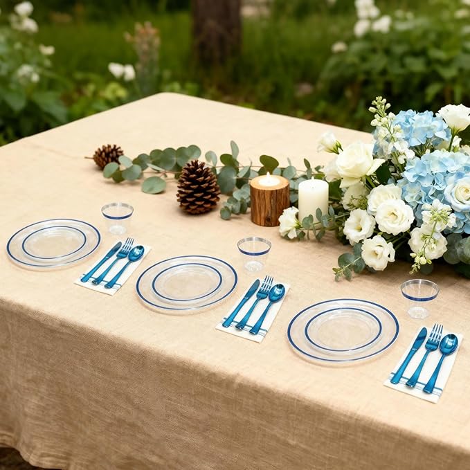 AIRE 175PCS Blue Plastic Plates for Party Supplies Dinnerware Sets for 25 Guests, Disposable Plastic Party Plates Cups Spoons Forks Knives Napkins for Birthday Wedding BBQ Christmas Parties, Blue