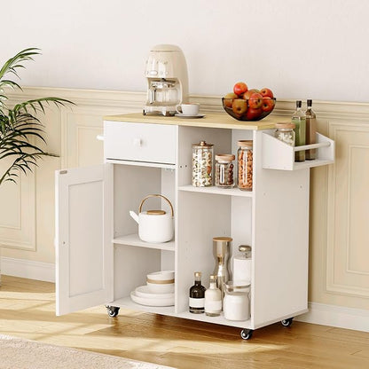 HOOBRO Kitchen Island, Storage Cabinet with Drawer, Kitchen Cart with Spice and Towel Rack, Saving Space, Easy Assembly, for Living Room, White and Natural WN12ZD01