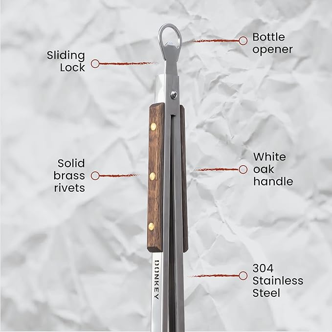 Donkey Tong 27" Long BBQ Tongs - Heavy Duty Grill Tongs for Grilling, Smoking, Charcoal & Outdoor Cooking | Handmade Stainless Steel Meat Tongs with Oak Handles | Fathers Day Gift for Grill Masters