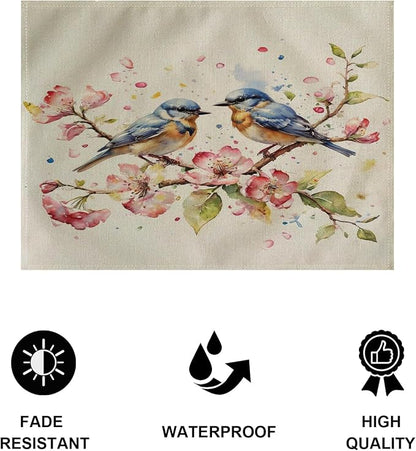 Watercolor Painting Birds Table Mats Set of 4 Spring Pink Flowers Placemats Waterproof Heat Resistant Washable Non-Slip Place Mats for Dinner Room Kitchen Decor Table 12”×16”(Pink)