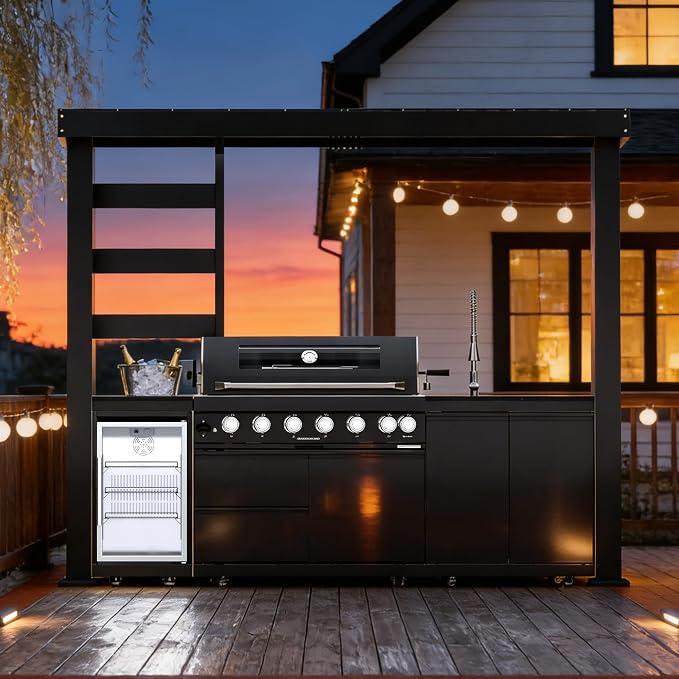 108-Inch 6-Burner 85000 BTU Natural Gas Grill Island with Shed, 304 Stainless Steel Black, 684 Sq.In Cooking Area, Wine Cooler, Rotisserie, Granite Countertops for Backyard BBQ, Black