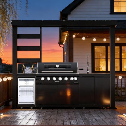 108-Inch 6-Burner 85000 BTU Natural Gas Grill Island with Shed, 304 Stainless Steel Black, 684 Sq.In Cooking Area, Wine Cooler, Rotisserie, Granite Countertops for Backyard BBQ, Black