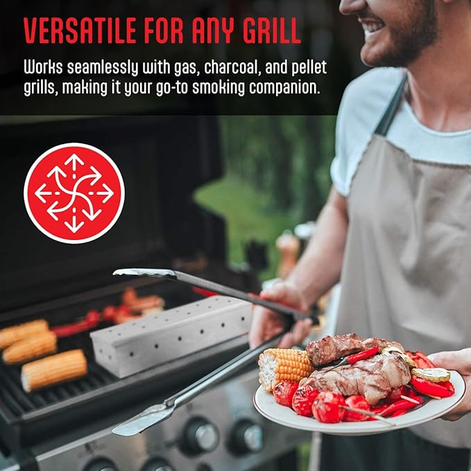 Kaluns Universal Stainless Steel Smoker Box, Gas or Charcoal Grill Smoke Box, Works with Wood Chips, add Delicious Smoked Flavor, Hinged Lid,Warp Free Grill Accessories