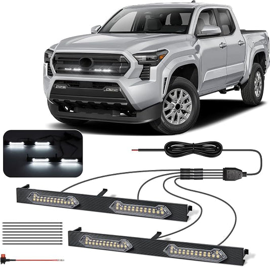 LED Grill Lights - 4PCS Front Grill Lights for Toyota Tacoma SR SR5 2024 2025 2026 with Fuse Adapter & Harness (White Light with Clear Shell)