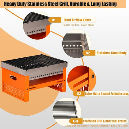 Portable Charcoal Grill, Small Tabletop BBQ, Foldable Mini Hibachi, Stainless Steel Camping Grill, Compact Outdoor Cooker for Picnic, Tailgating (Orange)