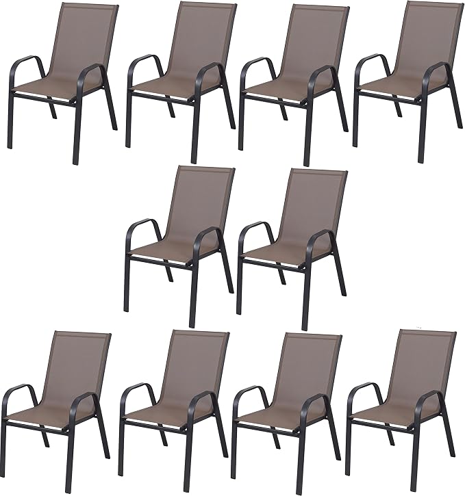 Indoor Outdoor 10 - Set of Ten Brown Restaurant Flexible Sling Stack Chairs, Patio Metal Frame Chair