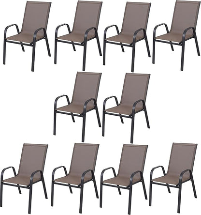 Indoor Outdoor 10 - Set of Ten Brown Restaurant Flexible Sling Stack Chairs, Patio Metal Frame Chair