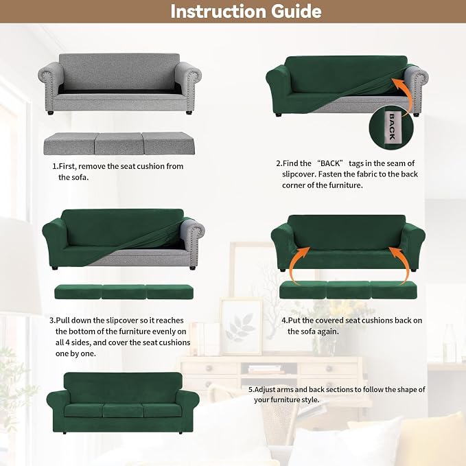 WEERRW 4 Pieces Couch Cover for Sofa Velvet Sofa Covers, Emerald Green | Washable Sofa Covers for 3 Cushion Couch Furniture Protector Sofa Slipcover with Non Slip Elastic Bottom, Pet Friendly, Large
