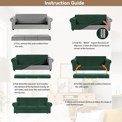 WEERRW 4 Pieces Couch Cover for Sofa Velvet Sofa Covers, Emerald Green | Washable Sofa Covers for 3 Cushion Couch Furniture Protector Sofa Slipcover with Non Slip Elastic Bottom, Pet Friendly, Large