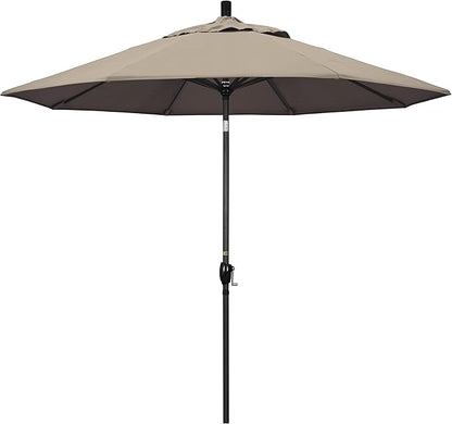 California Umbrella 9' Round Aluminum Market Umbrella, Crank Lift, Push Button Tilt, Black Pole, Sunbrella Taupe