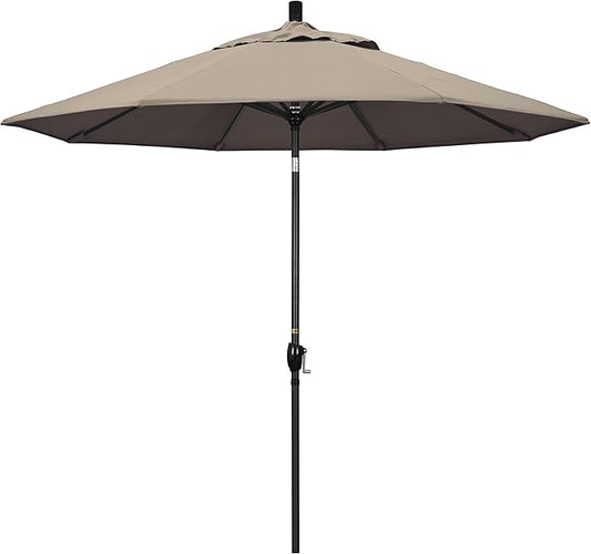 California Umbrella 9' Round Aluminum Market Umbrella, Crank Lift, Push Button Tilt, Black Pole, Sunbrella Taupe