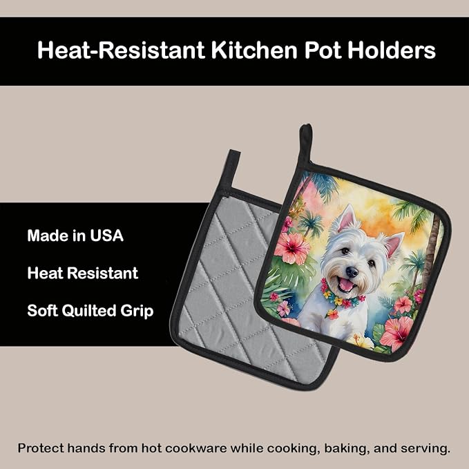Caroline's Treasures Westie Luau Pair of Pot Holders Kitchen Heat Resistant Pot Holders Sets Oven Hot Pads for Cooking Baking BBQ, 7 1/2 x 7 1/2
