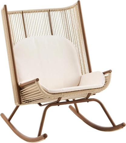 Christopher Knight Home Lumin Outdoor Rocking Chair, High Back PE Rattan Wicker Rocker with Metal Frame, Rocking Chair with Cushion, Comfort Rocker with Ergonomic Design for Patio or Lounge, Beige